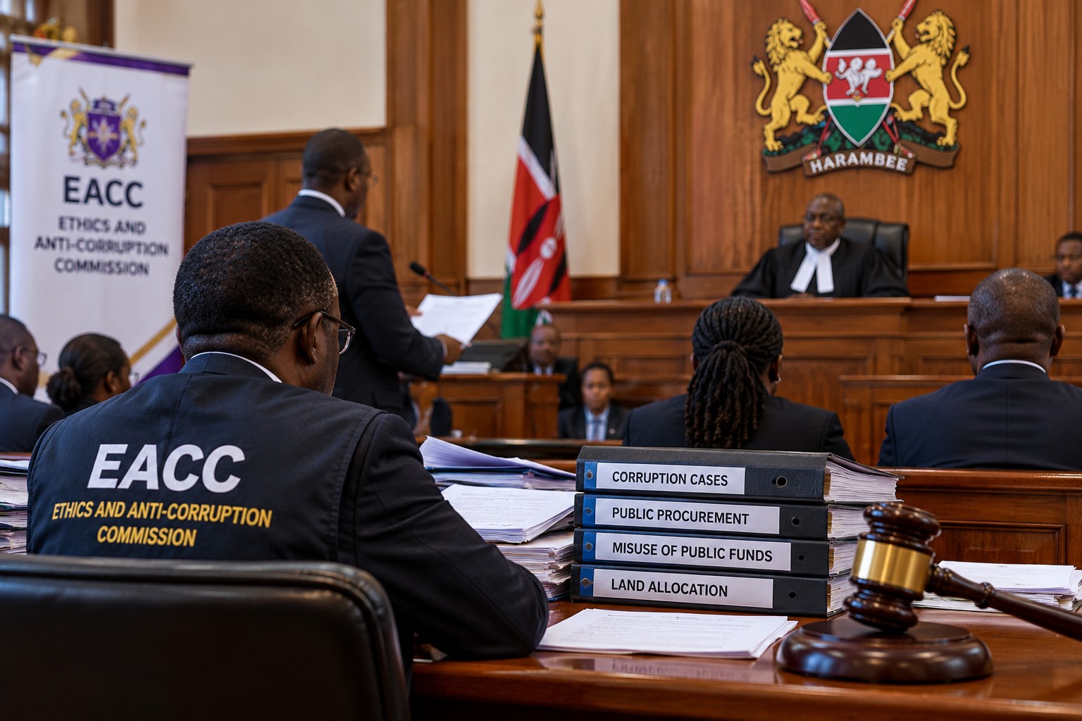 Illustration of a Kenyan courtroom representing 24 EACC corruption cases scheduled for hearings.